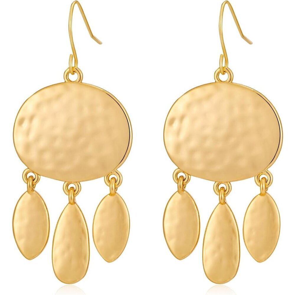 14K D Gold Pleated Boho Hammered Statement Finish Dangle Drop Earring for Women